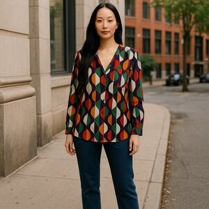 Alice + Olivia Women's Blouse Multicolor Geometric S V-Neck Buttoned Long Sleeve